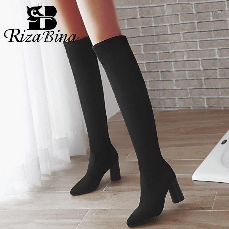 

RIZABINA Plus Size 33-46 Women Over The Knee Boots Slim Stretch Boots Pointed Toe Slip On High Heels Shoes Women Long1, Black