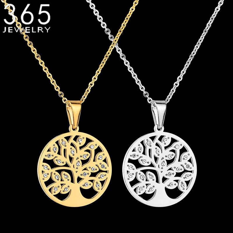 

Hot Sale Stainless Steel CZ Stone Tree Of Life Necklace Silver Color Round Pendant Necklace Grandmother Gift