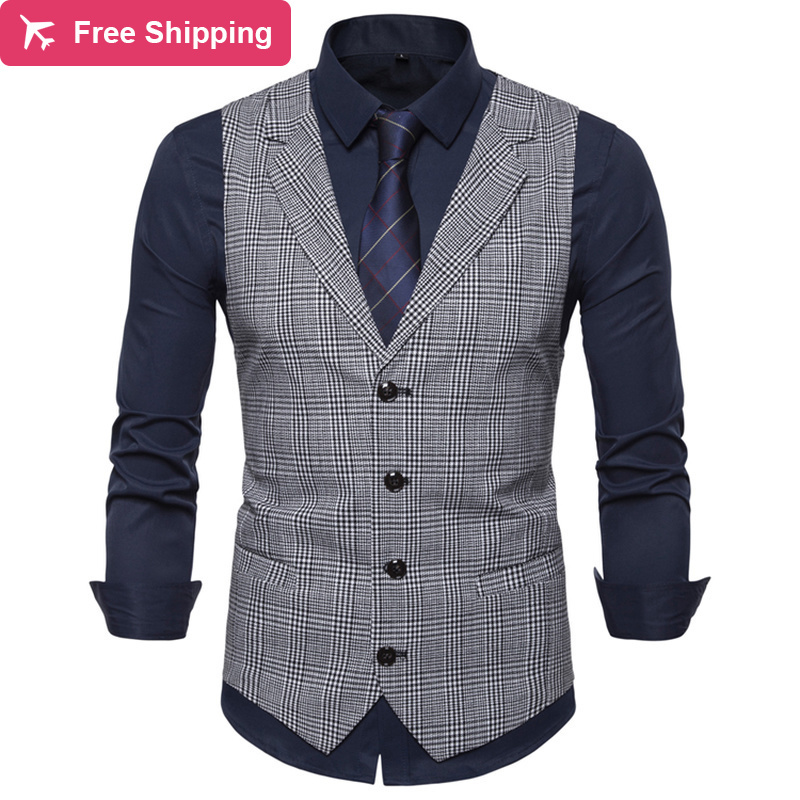 

2021 New Men in Suit Fashion Fine Chess Thin Tops Vest Man England Men's Style Male Leisure Suits Dkrk, Dark gray.