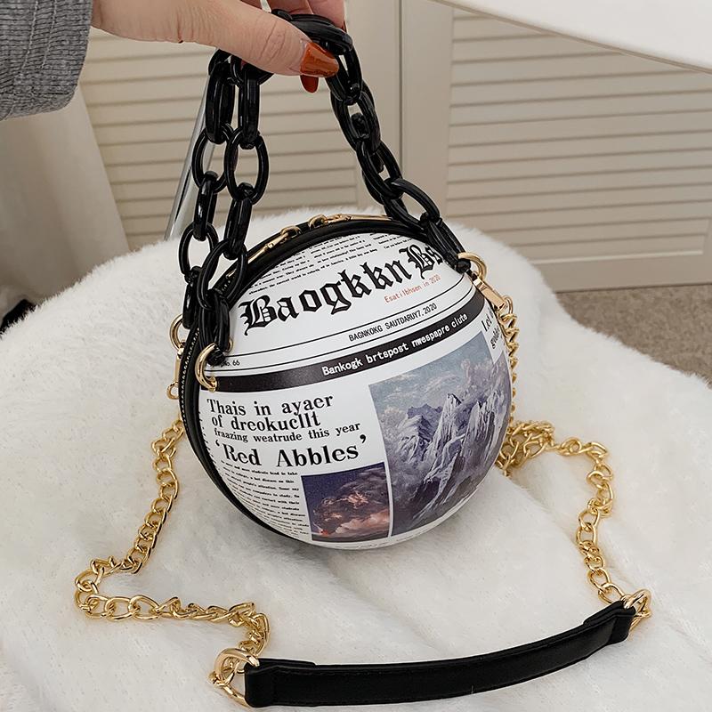 

Shoulder Bags Spaper Printing Ball Women Bag Fashion Letter Print Round Design Purses And Handbags Chain Crossbody For, Black
