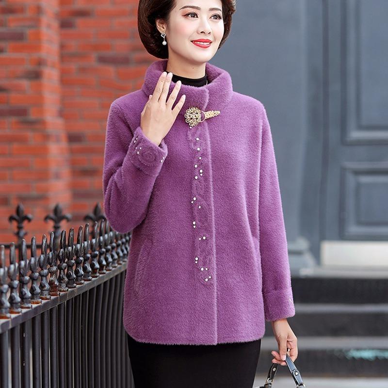 

Mink Velvet Fashion Solid Color Stand-up Collar Jacket Women Single-breasted Diamond Decorative Pocket Coats Cardigan Female, Red