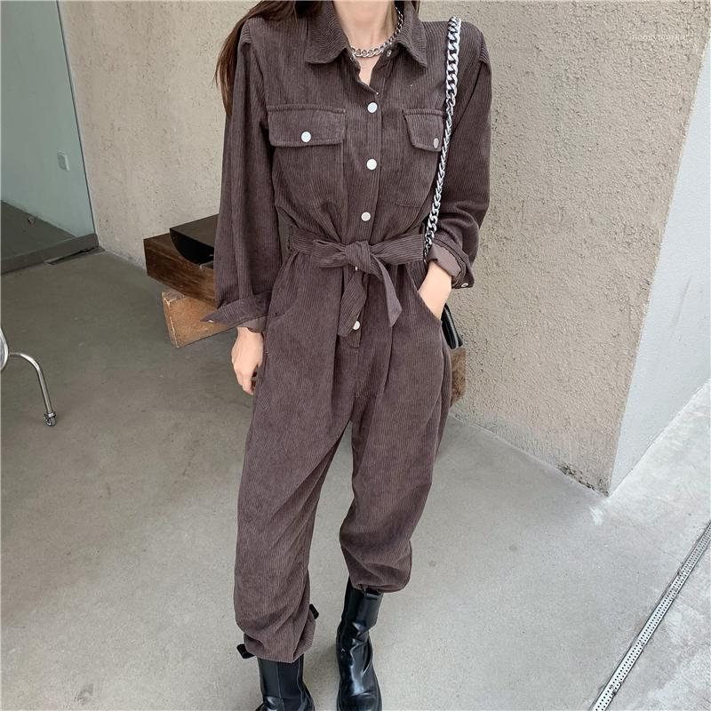 

Belted Corduroy tooling jumpsuit women's 2020 autumn and winter new Korean style loose and small slim rompers pants1, Coffee jumpsuit