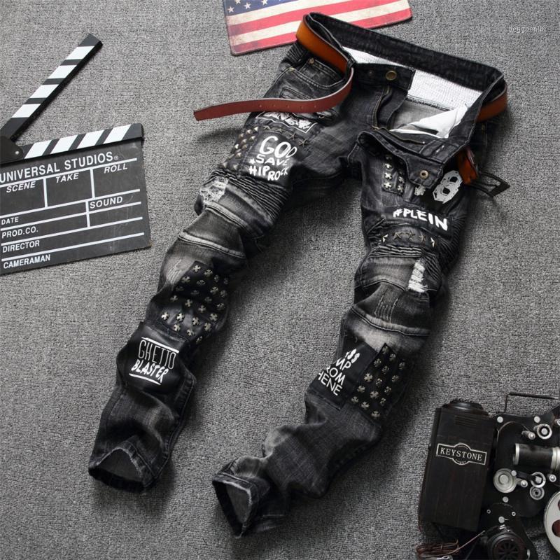 

Men's Jeans European Style Men Brand Mens Slim Denim Trousers Black Straight Moto & Biker Hole Pants For Men1, As pic