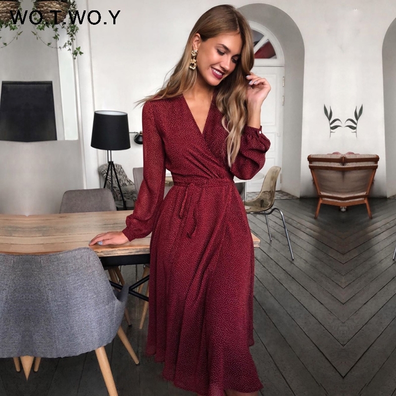 

WOTWOY Bohemian Dot Print Dresses Women Summer Cross V-neck Sashes Mid-Calf Dress Lady Long Sleeve Button Dresses Female Y200805, Wd20060red