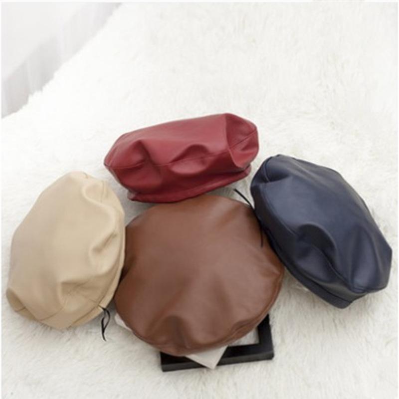 

New PU Leather Beret Fashion Women Casual Winter Beret Cap Hat For Women Autumn Retro Beanie Caps Painter cap flat top hat Hot, Black