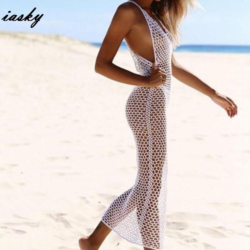 

IASKY 2019 New Knitted beach long dress sexy women fish net bikini swimsuit cover ups Robe de plage beach wear cover ups1