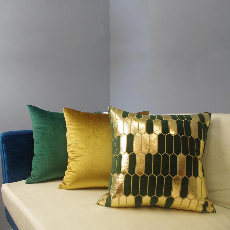 

Green Gold Geometric Embroidered Velvet Cushion Cover Pillow Case Throw, Gold 45x45