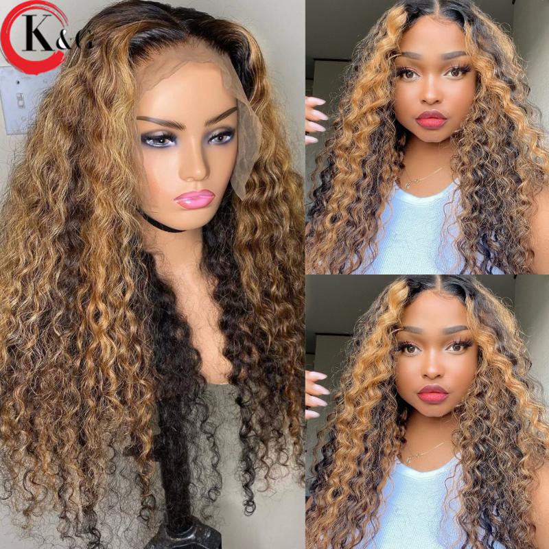 

KUNGANG Highlight T-part Wigs Curly Human Hair Wigs Brazilian for Women 150% Density "8-24" Non-Remy, As pic