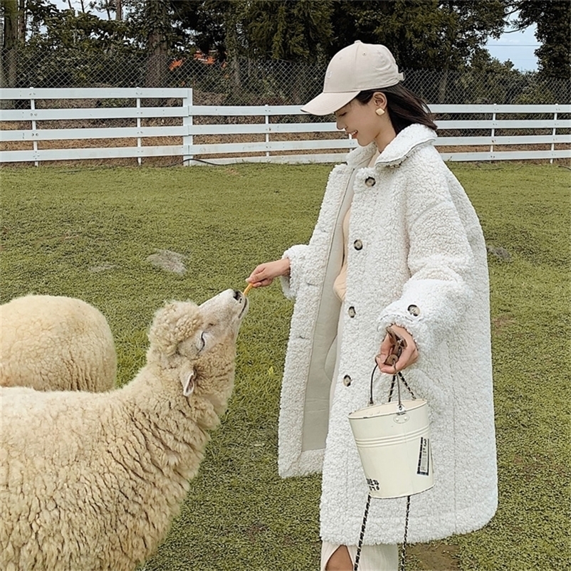

new winter cashmere coat loose long coat ladies made lambskin coat women large size fashion imitation sheepskin 201217, Red