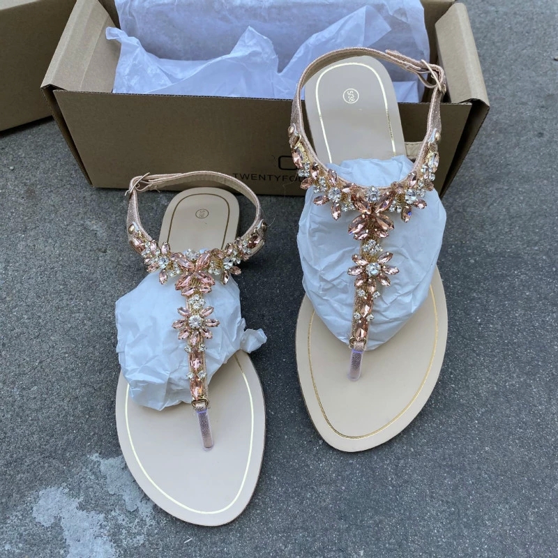 

High Quality Shiny Diamond Buckle Flat Bottom Large Size 36-42 Women Sandals Gladiator Female Summer Shoes Black Gold Footwear #qv27