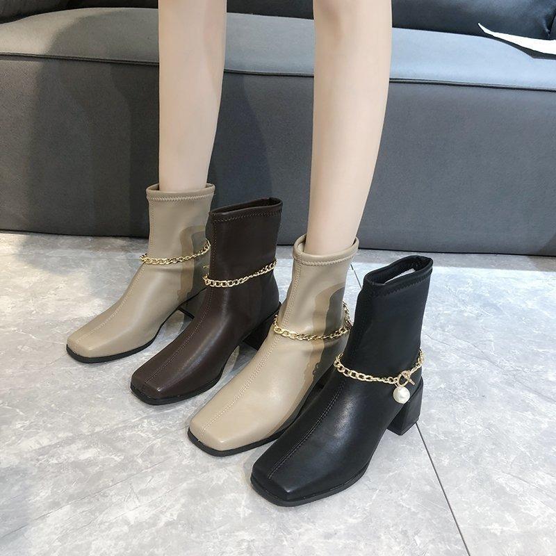 

YONA 2021 Winter Retro Plush Zipper Women Boots Low Heels Square Toe Heel Slip-On, Beige