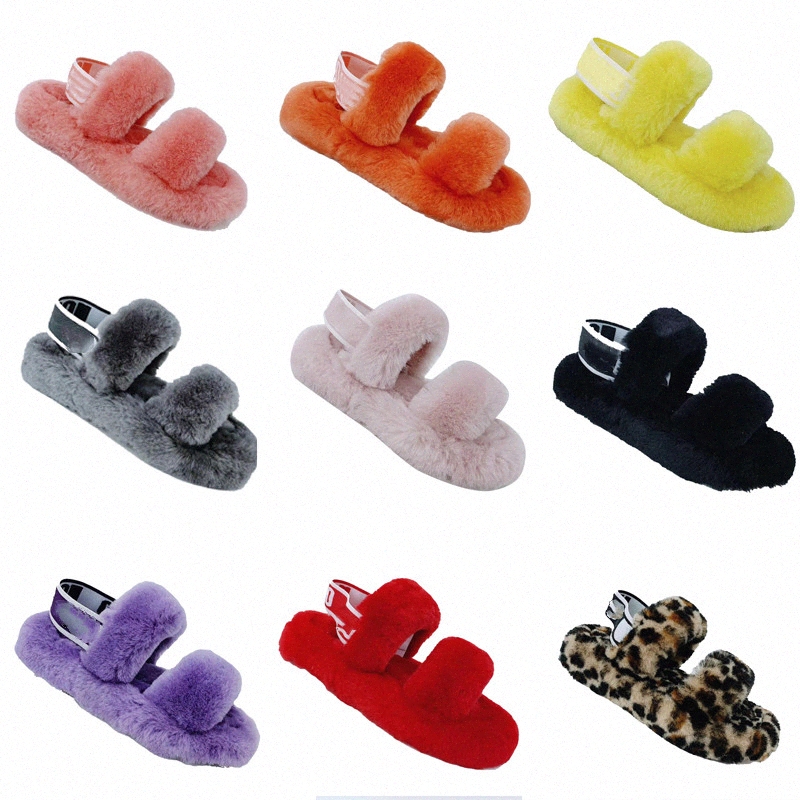 

New fuzz wedges oh fluff yeah slides slippers fur sandale with fluffy furry womenugguggs slippers shoes elastic tie slippers j107#