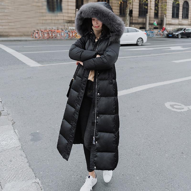 

Winter Warm White Duck Down Parka Women Real Natural Fur Collar Hooded Long Thick Slim Jacket Coat Down Outwear