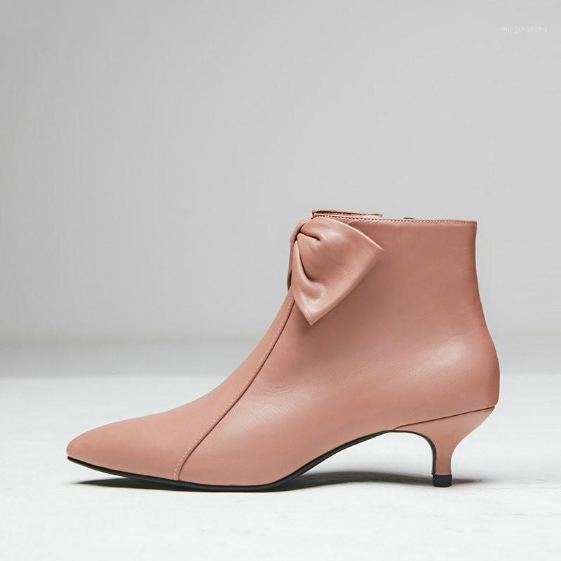 

Genuine leather bowties tie ankle boots Sexy Pointed Toe thin High Heels Night Club dress Shoes black pink Woman Ankle Boots1