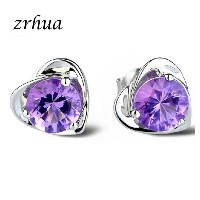 

Stud ZRHUA Fashion Romantic Silver Color Earring White/Purple Crystal Heart Women Jewelry For Engagement Christmas Gifts