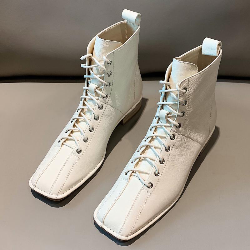 

Women's Genuine Leather Lace-up Flats Ankle Boots Leisure Female Autumn Comfortable Short Booties Shoes For Women, Beige