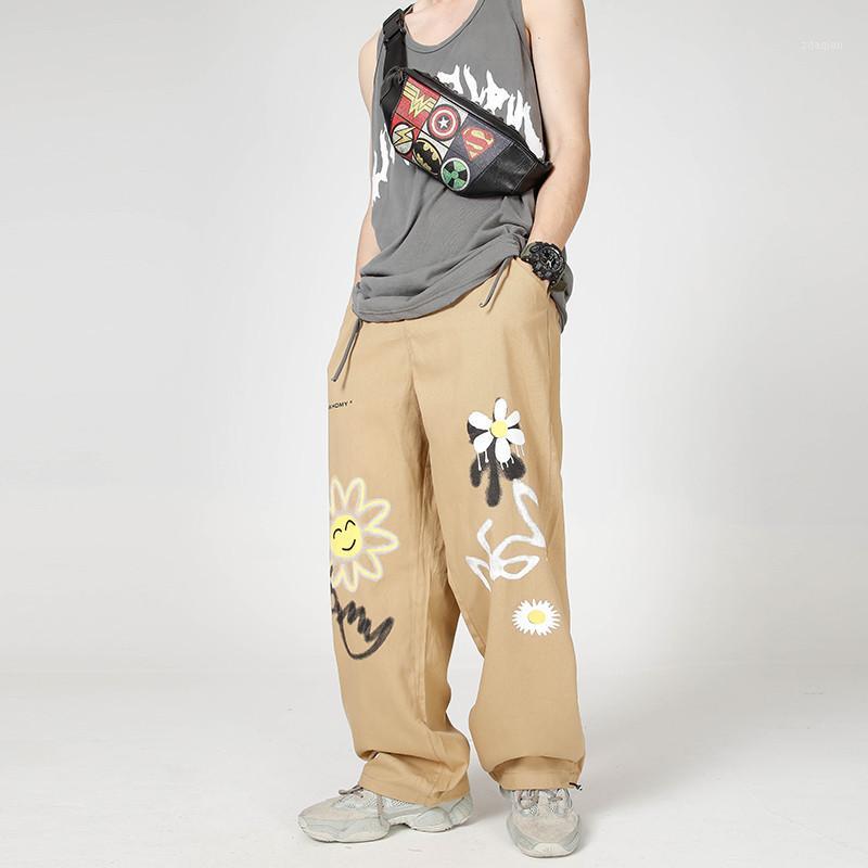 

UNCLEDONJM Daisy Graffiti Printed Loose Ankle Banded Pants Casual Pants High Street Hip Hop Straight Trousers HD-B0981, Black