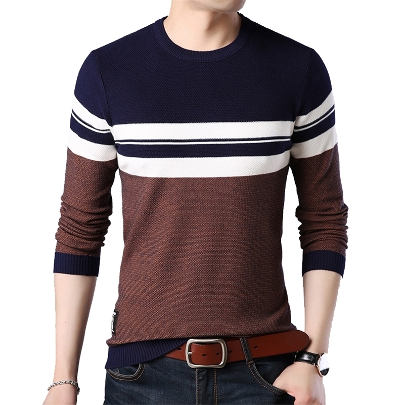 

BROWON Brand Autumn Sweater Men O-neck Striped Knittwear Men Slim Sweaters Male Long Sleeve Social Business Clothes Men 201201, Gray pullovers