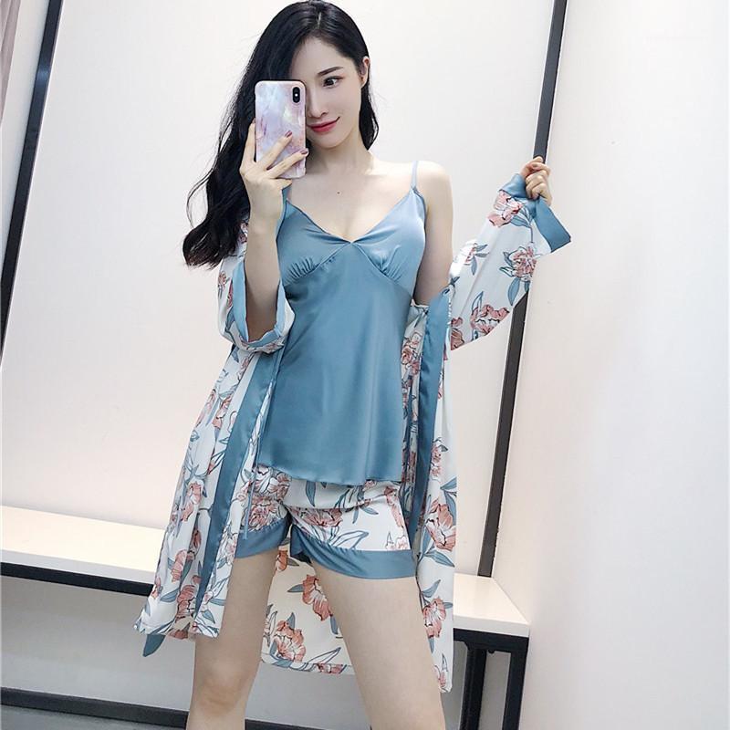 

Lady Lake Blue Print Flower 3PCS Kimono Robe Gown Sets Strap Top V-Neck Nightgown Intimate Bathrobe Spring Summer New Home Wear1, Black