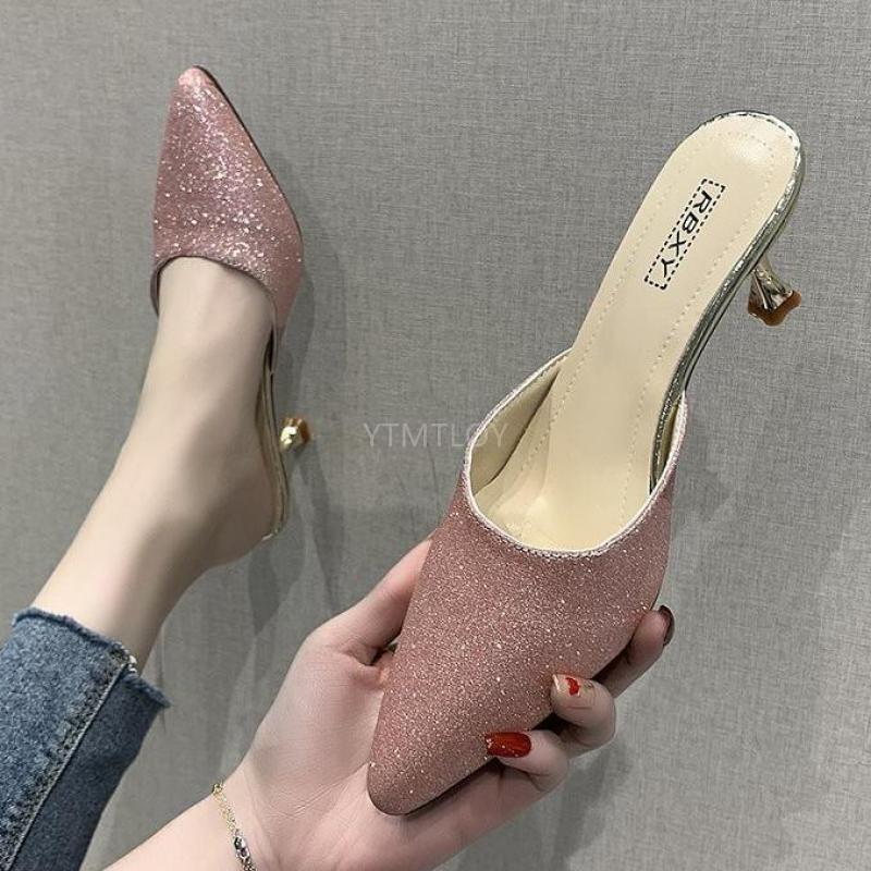 

Slides Women Mules High Heels New Arrival 2021 Glitter Pumps Zapatillas Mujer Casa Beach Slippers Flip Flop Ladies Sandals, Black