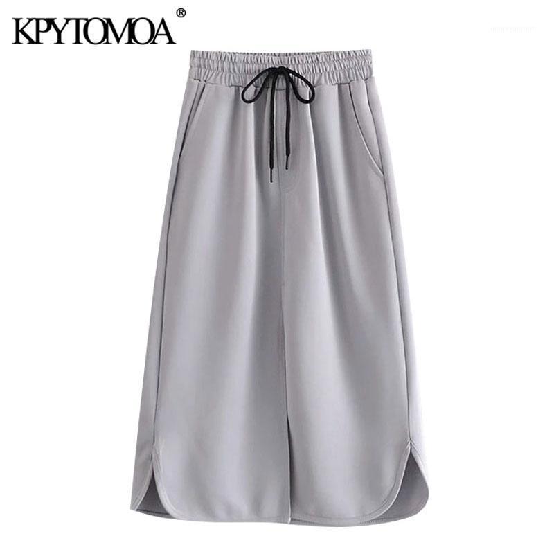 

KPYTOMOA Women 2020 Fashion With Drawstrings Slit Hem Midi Skirt Vintage High Elastic Waist Side Pockets Female Skirts Mujer1, As picture