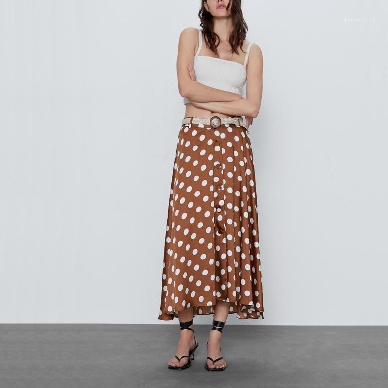 

Summer women' skirt casual polka dot printed belt decoration skirt1, Brown
