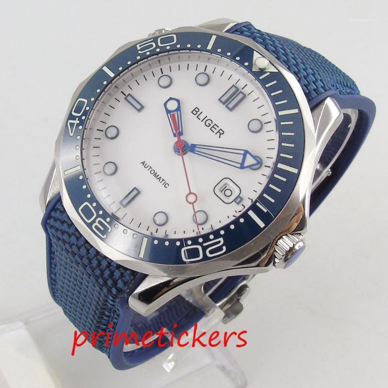 

Sport fashion white dial automatic men's watch 41mm round date rubber strap luminous hands blue ceramic bezel1, Bliger dial