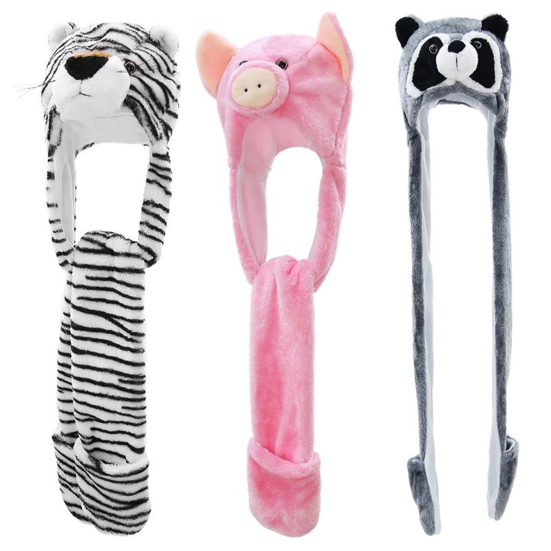 

3 In 1 Fuzzy Plush Cartoon Animal Hoodie Scarf Hat with Mittens Warm Earflap Cap