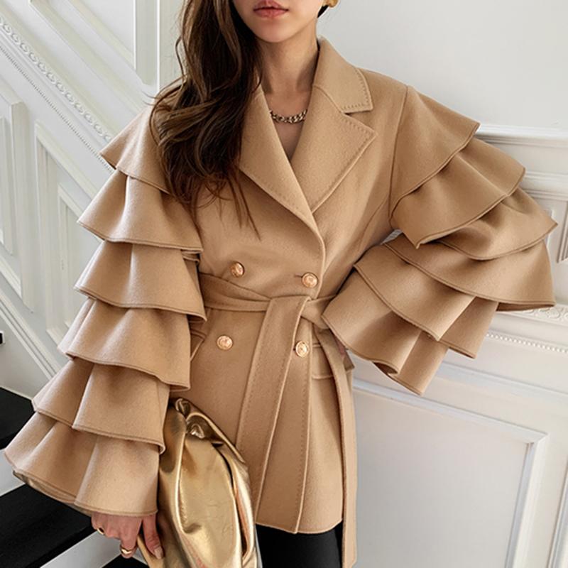

EWQ] 2020 Winter Female Casual Turn Down Collar Ruffles Sleeve Sweet Minimalist Solid Color Lace Up Woolen Top Overcoat 8Q616, Black