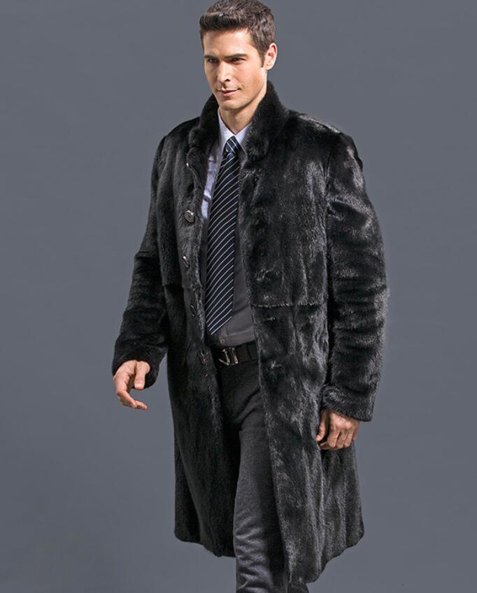 

European and American fall/winter faux fur coat men's long coat business casual men's faux fur trench w09, Black