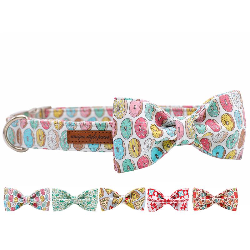 

Donuts Cotton Fabric Dog Collar and Leash Set with Bow Tie for Big and Small Dog Metal Buckle Pet Accessories