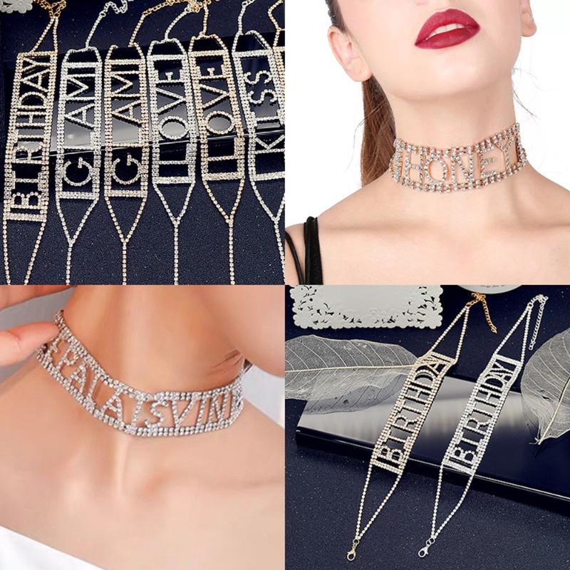 

Rhinestone Choker Necklace Collar Letter GLAM SEXY Necklace Jewelry for Women Luxury Crystal Letter Clavicle Chain Gift