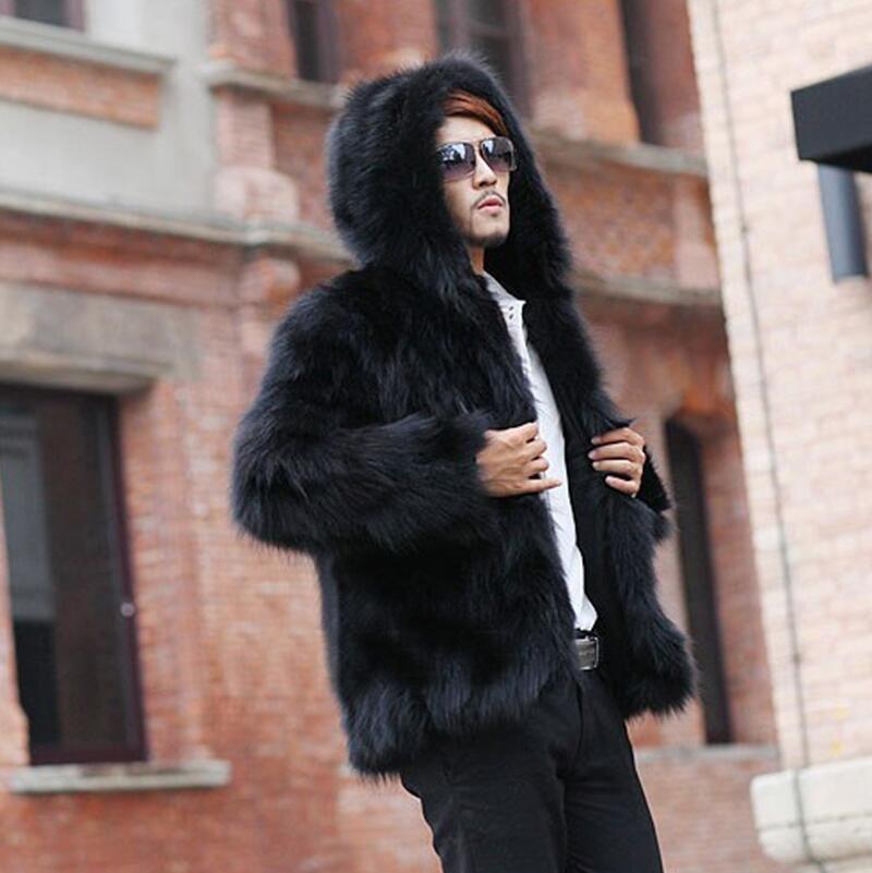 

New Men' Winter Autumn Hooded Man-Made Fur Jackets Large Size Male Casual Warm Faker Fur Casaco Imitation Overcoats K1182, Black
