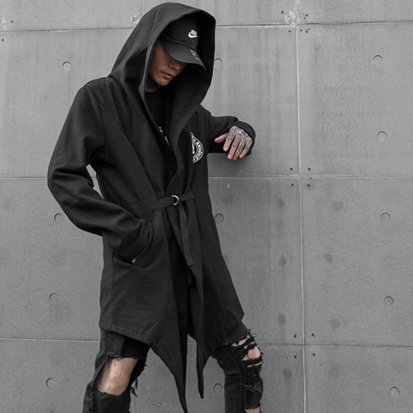 

2021 Hip Hop Men's Skulls Printed Hood Trench Coat with Long-winded Jacket Occasional Mens of Vintage Gothic Black Cardigan Mantle 4fr3