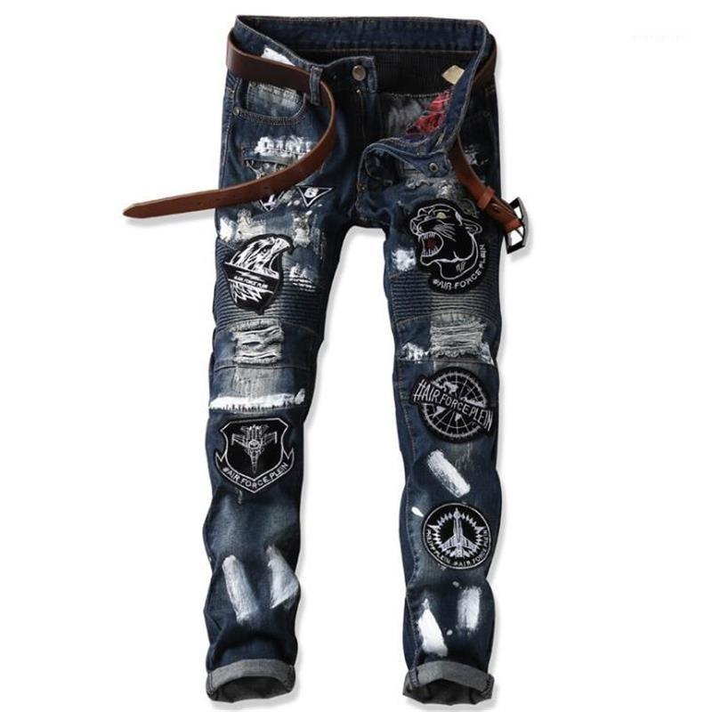 

Hip Hop Mens Jeans Patchwork Badge Fantastic Style Creative Pattern Biker Punk Causal Distressed Striking Luxury Clothing1, 001-2 blue