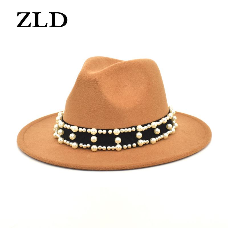 

ZLD New autumn winter ladies hats fashion pearl accessories Fedoras hat vintage men Jazz caps women cowboy cap outdoor travel, 16