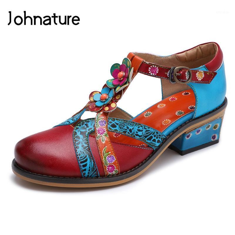 

Johnature 2020 New Retro Genuine Leather Round Toe Square Heel Print Hollow Buckle Strap Comfortable Women Sandals Med Heels1, Red