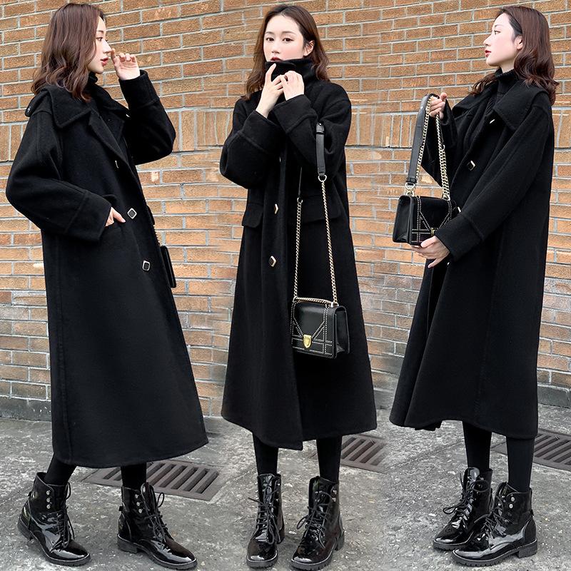 

Fashion Loose Solid Women Coats and Jackets Winter Turn-down Collar Wool Coat Single Breasted Winter Outfits for Women, Black