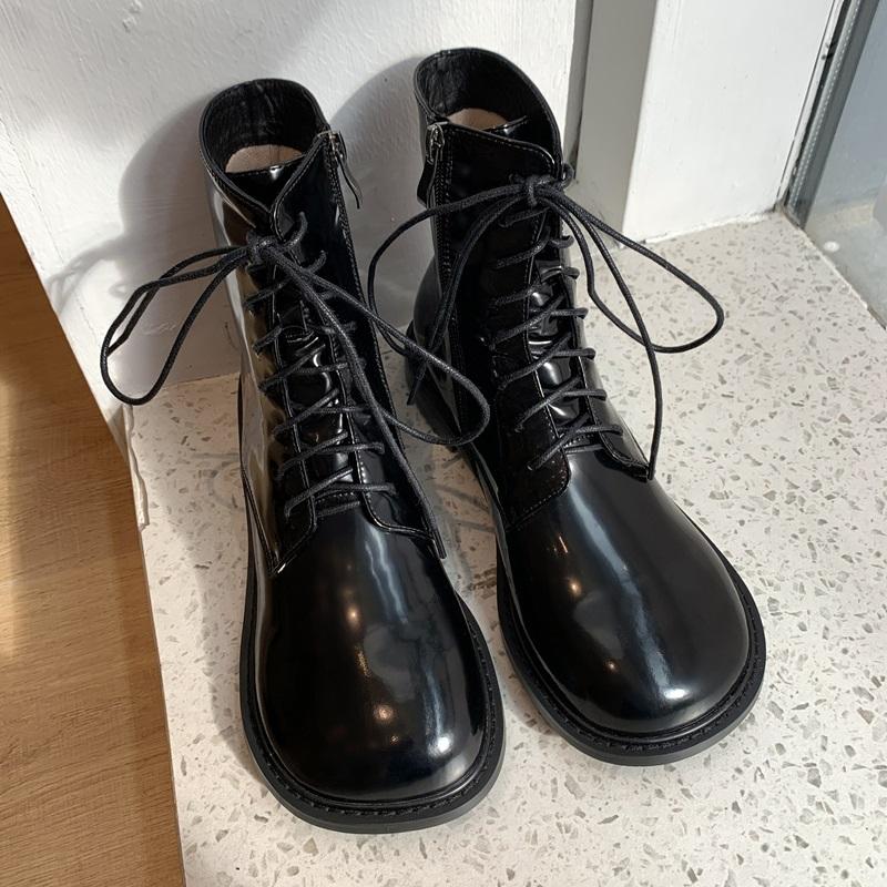 

Brand Design Big Round Toe Leather Ankle Boots For Women Autumn Low Heel Fashion Lace-up Woman Black Beige Zipper