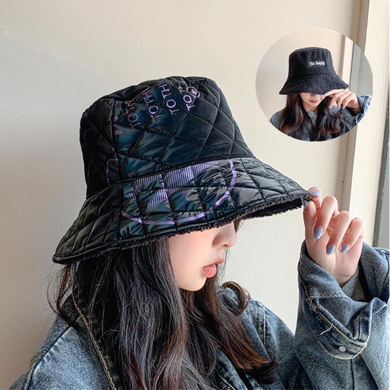 

New Winter Faux Fur Black Bucket Hat For Women Reversible Letters Bucket Cap Panama Outdoor Warm Velvet Inside Fisherman Hat