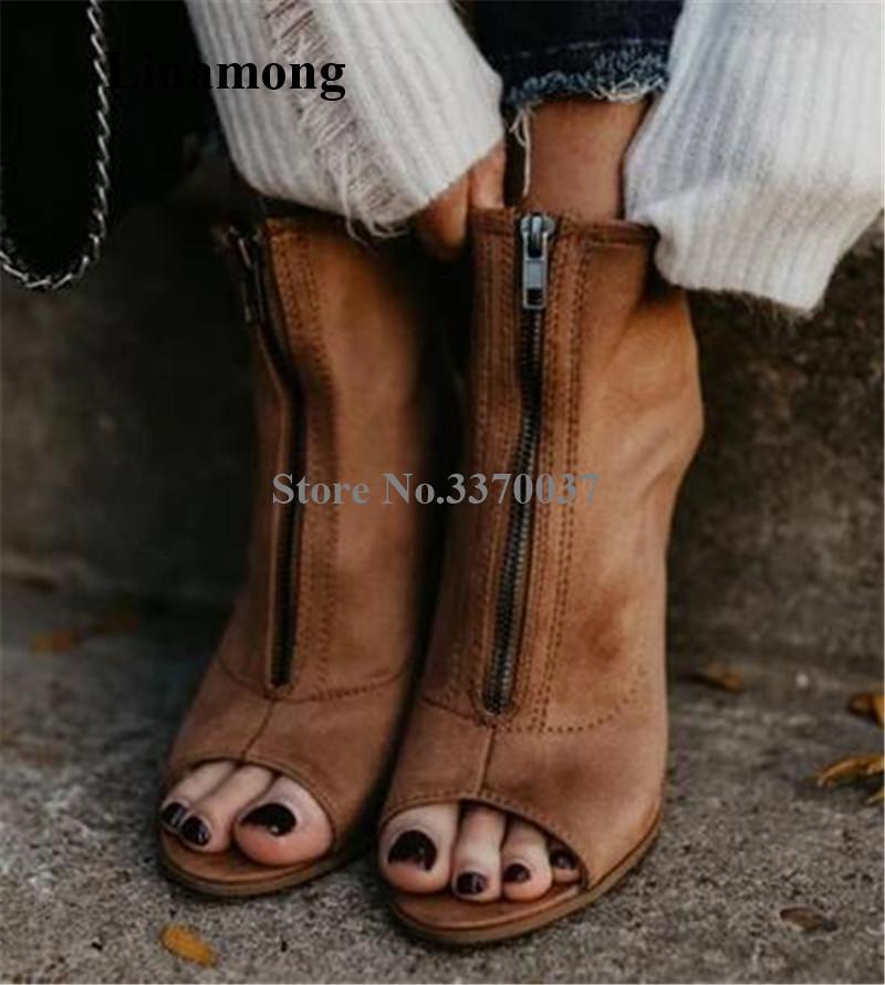 

New Fashion Suede Leather Peep Toe Suede Leather Stiletto Heel Short Gladiator Boots Cut-out Zipper-up High Heel Ankle Booties, As picture