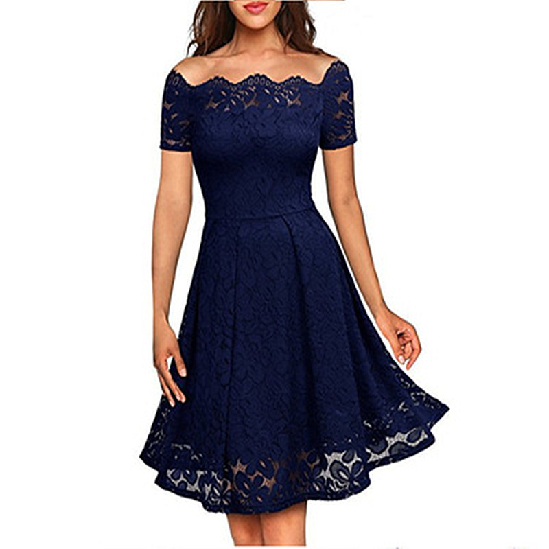 

Size Summer Big of Short Slender Women Sexy Word Lace Off-the-shoulder Dressed Large at Waist Solid Color Stitch Collar 71u5, Purple.
