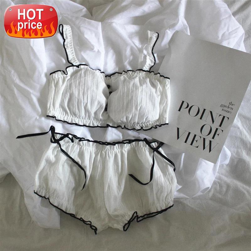 

Two Piece Set Summer Women Girl Soft Pajamas White Pink Sexy Nightwear Loungewear Bra and Panty Underwear Sleepwear Dropshipping #uV5Y, Black;white