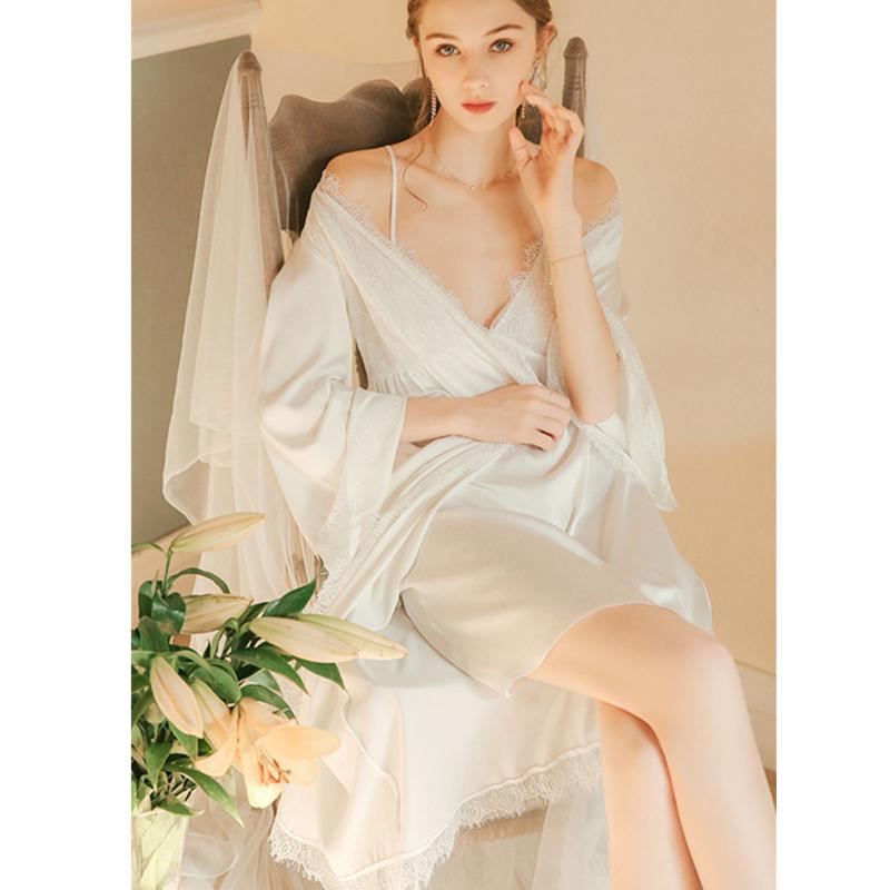 

Robe Set Two Pieces Spaghetti Strap Deep V Neck White Cotton Sleepwear Lace Bathrobe Set Luxury Nightgown Long Negligee T938