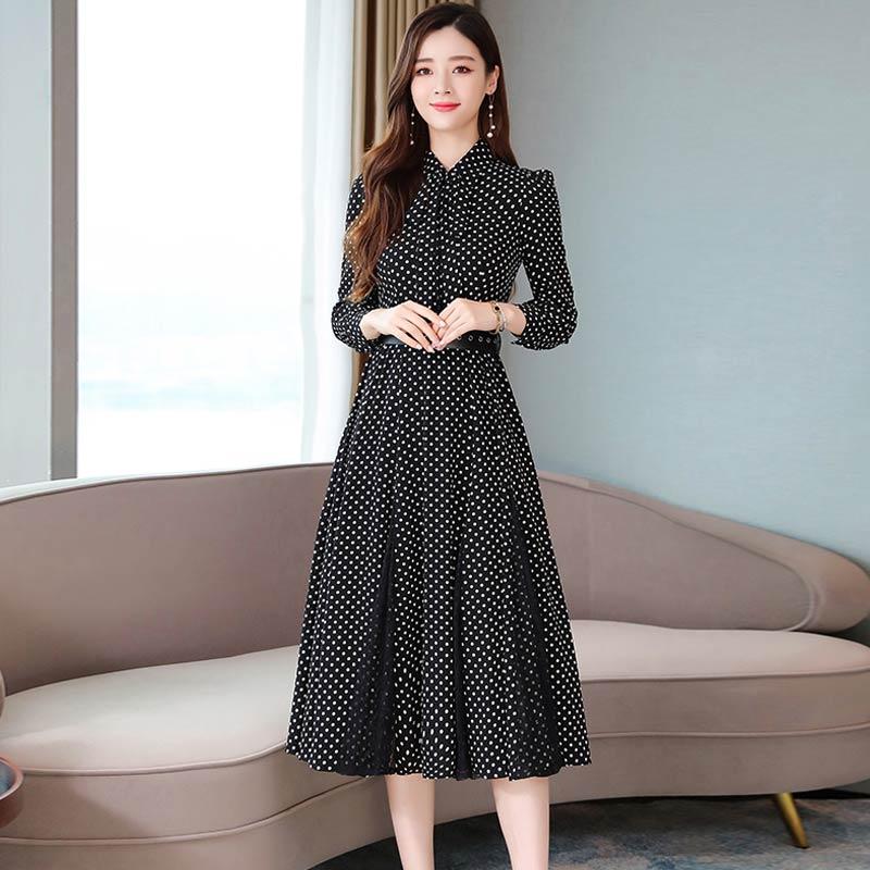 

Dress Women's 2020 Spring Autumn Korean Temperament High Waist Lace Stitching Black Polka Dot Dress Female Vestidos Mujer E397