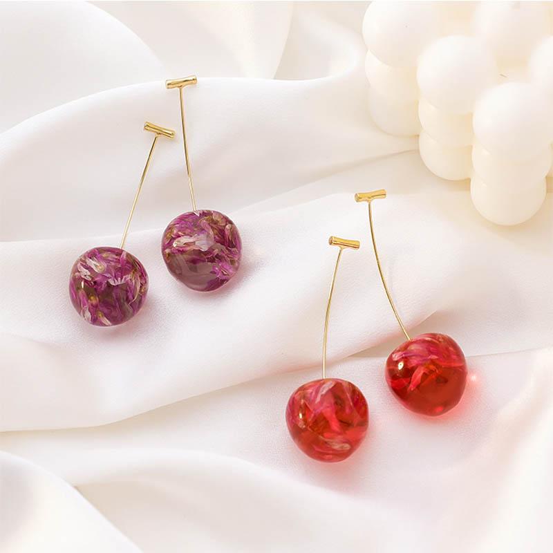 

Korean Cute Red Dried flowers Cherry Drop Earring Sweet Fruit Long Transparent Resin Round Plant Earrings For Women Gift Jewelry