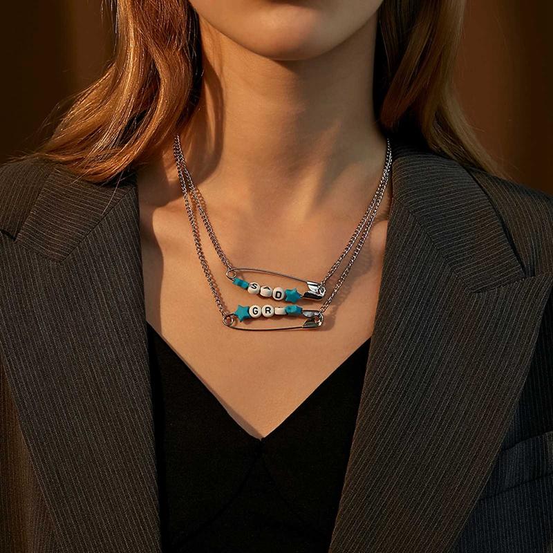 

2021 New Fashion Double Layers Safety Pin Chokers Necklace For Women Bead Letter Paperclip Clavicle Chain