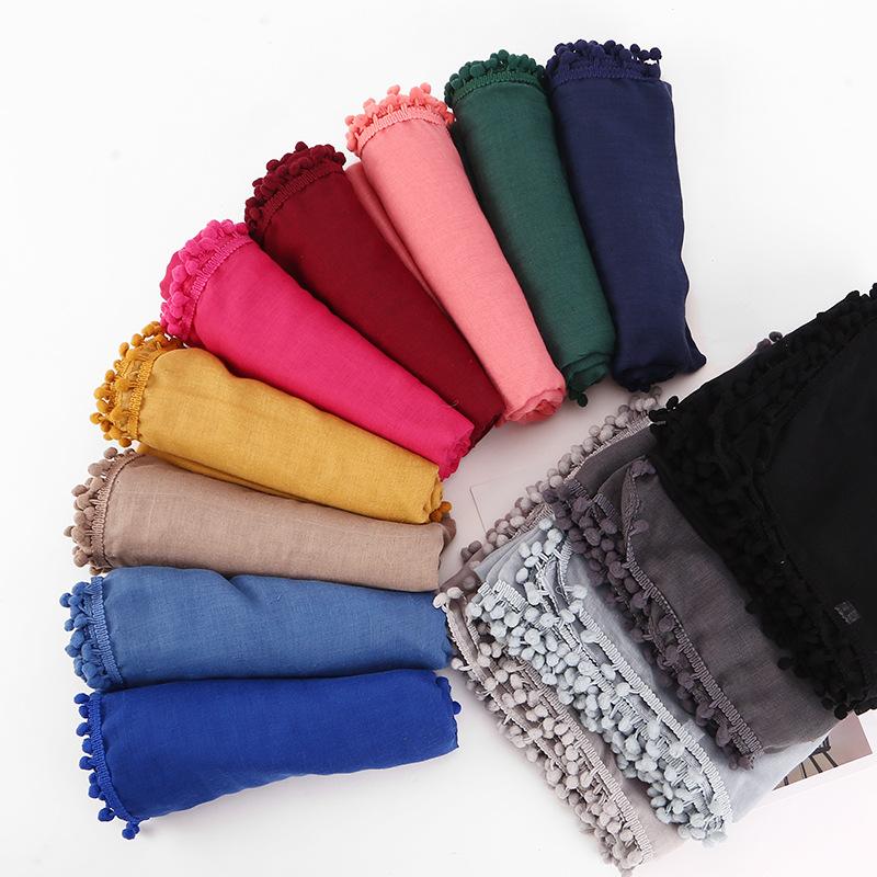 

80*180cm Luxury Cotton Solid Hair Ball Wrap Head Scarf Islamic Clothing Muslim Women Instant Hijab Foulard Femme Turban