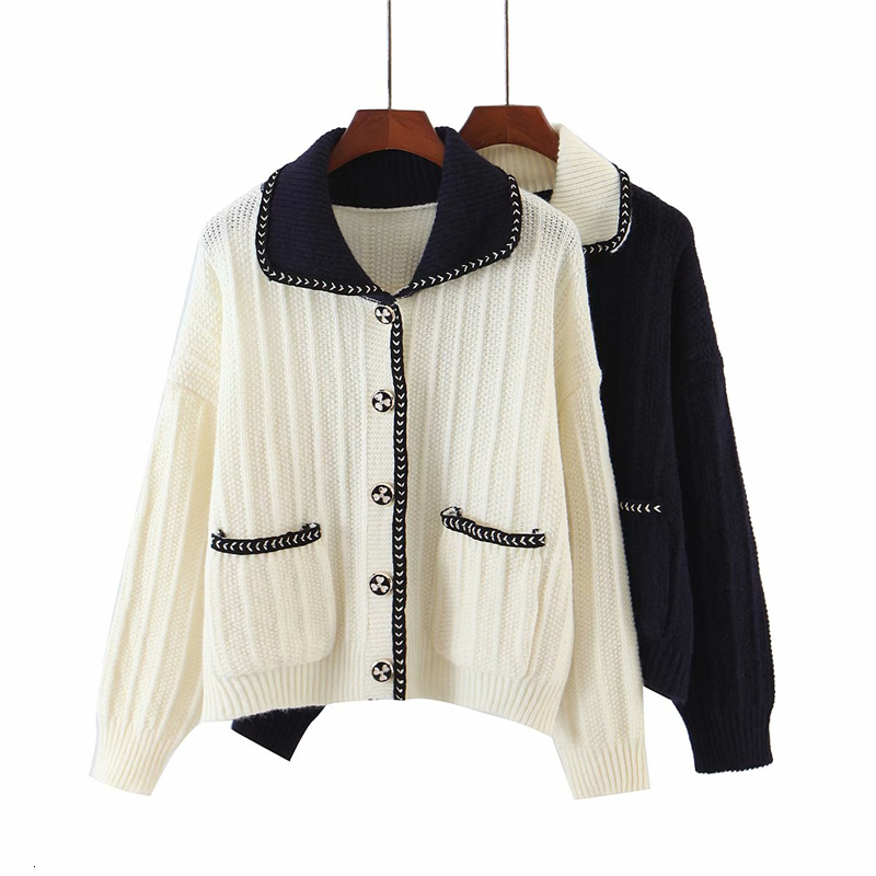

2021 New Elegante Listrado Cardigan Moda Senhoras Vintage Solto Doce Feminino Boto De Bolso Topo Menina Chique Camisola 2mpx, Black