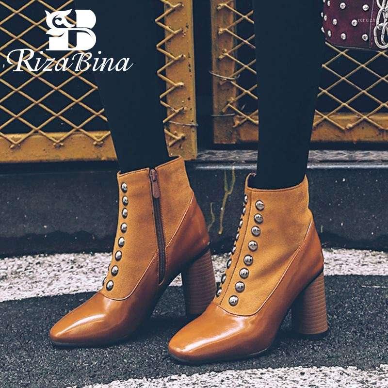 

RIZABINA Vintage Square Toe Ankle Boots For Women Zipper High Heels Shoes Rivets Office Ladies Women Footwear Plus Size 32-481, Black